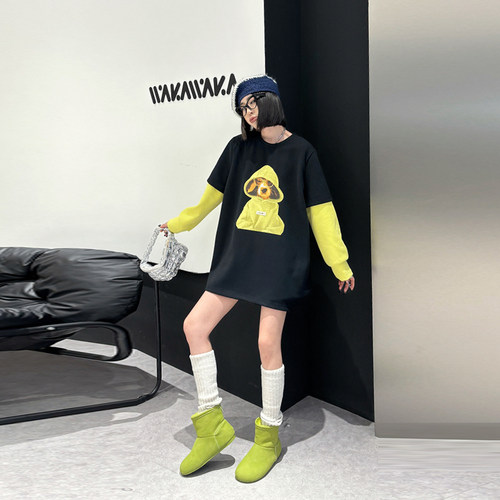 拼接撞色长袖带帽小狗上衣T恤衫