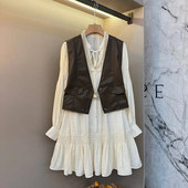 连衣裙胖妹妹韩版 大V领马甲长袖 学院风减龄休闲两件套 女装 加大码