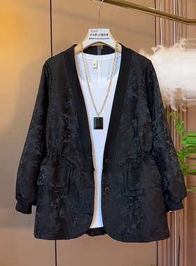 大码女装V领收腰系带暗花长袖国风上衣胖妹妹秋季款黑色百搭外套