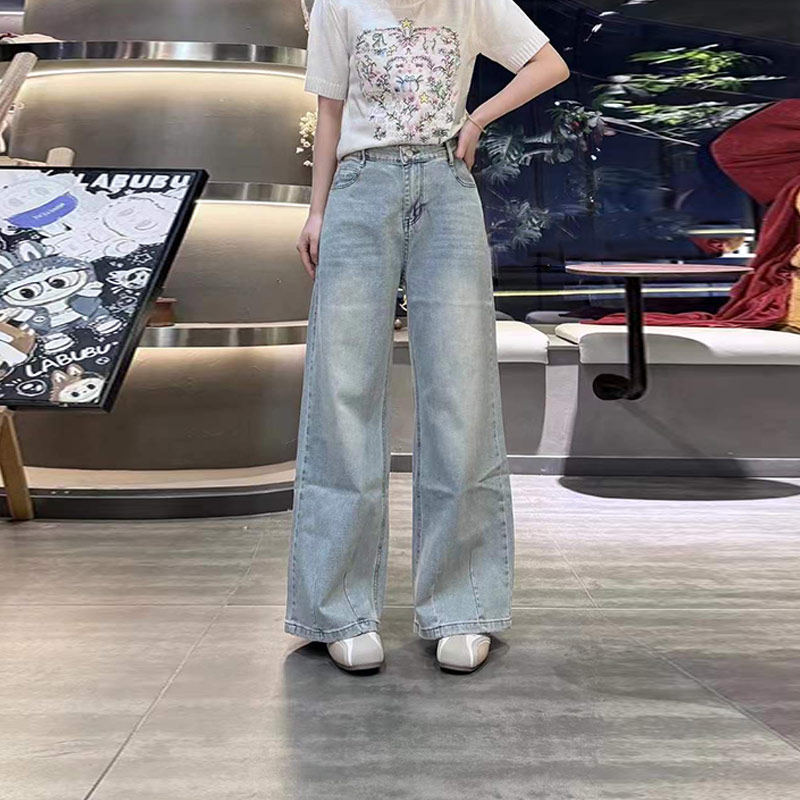 大码女装后腰松紧牛仔长裤胖妹妹纯色简约宽松遮胯净版拖地阔腿裤,女装/女士精品,大码裤装,淘宝优惠券,粉丝福利购,淘宝优惠卷