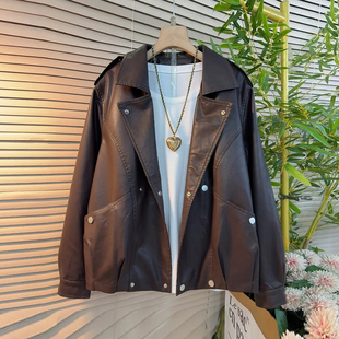 加肥女翻领长袖双兜皮外套胖妹妹欧洲站2026早春新款百搭洋气上衣