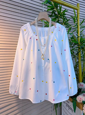 方领长袖彩色花朵小衫