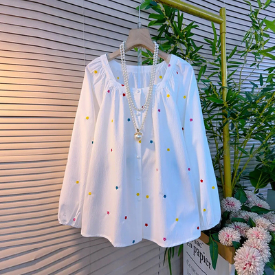 方领长袖彩色花朵小衫