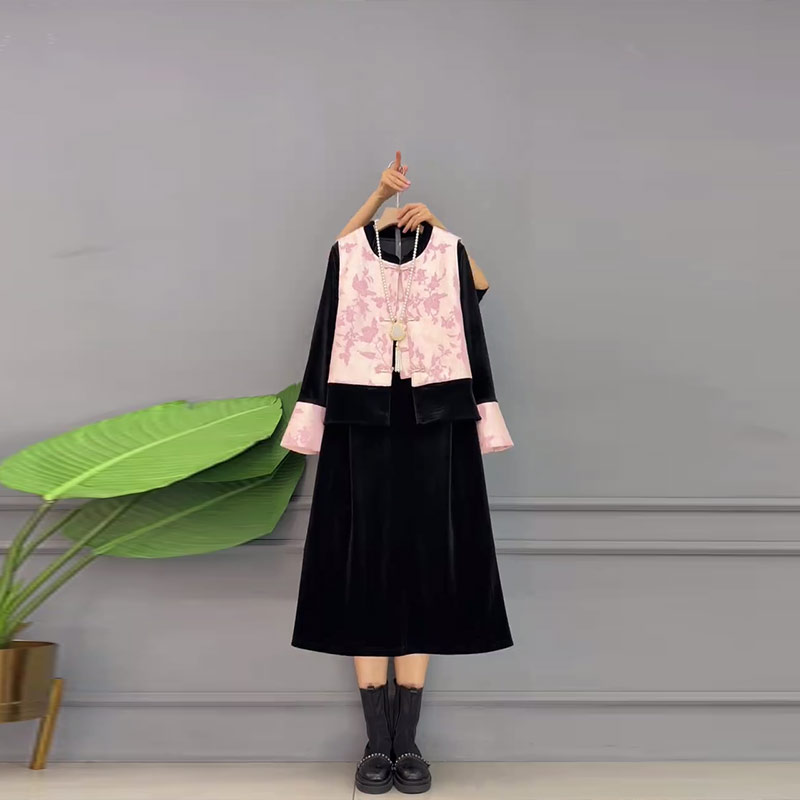 暗花国风马甲拼色袖口圆领连衣裙