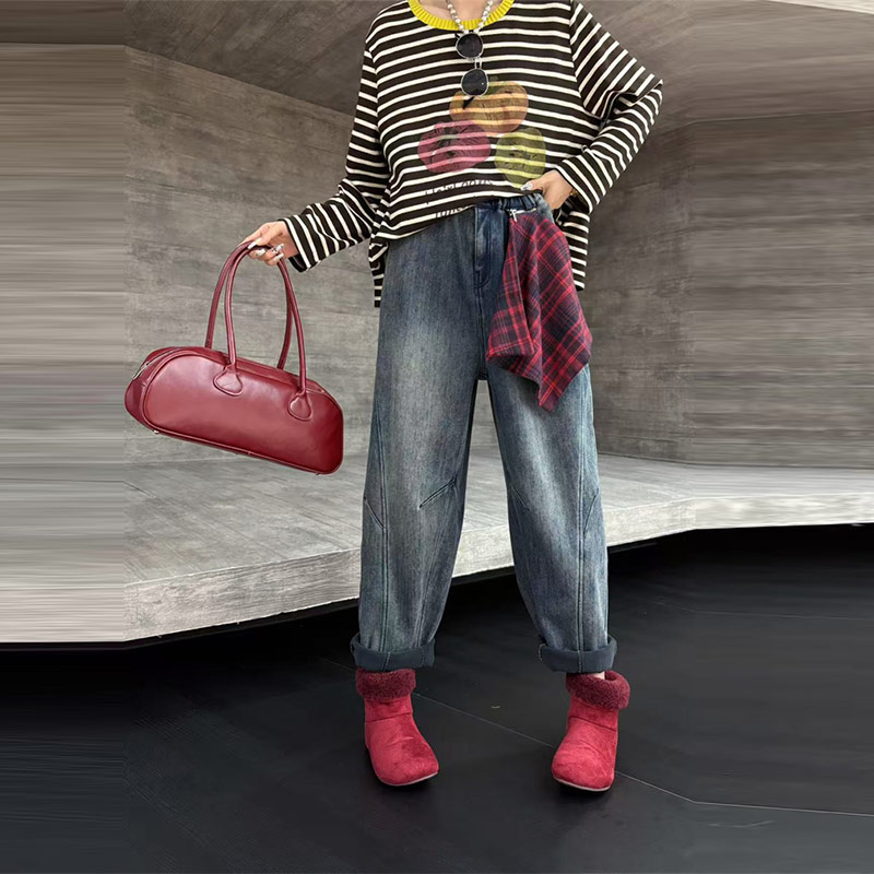 大码女装松紧腰加绒牛仔裤