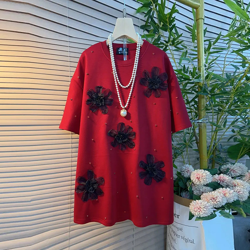 大码女装立体花朵短袖T恤衫