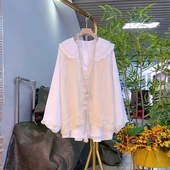 女装 V领前绑带勾花马甲胖MM韩版 学院风减龄蕾丝翻领长袖 大码 衬衫