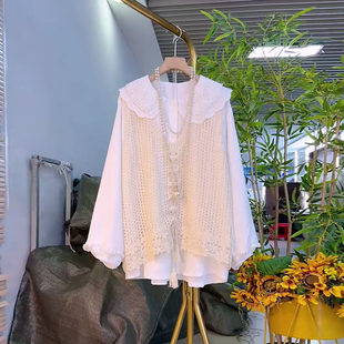 衬衫 大码 学院风减龄蕾丝翻领长袖 V领前绑带勾花马甲胖MM韩版 女装