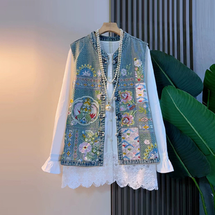 大码女装彩色花朵牛仔马甲胖妹妹宽松遮肚子白色蕾丝底摆长袖小衫