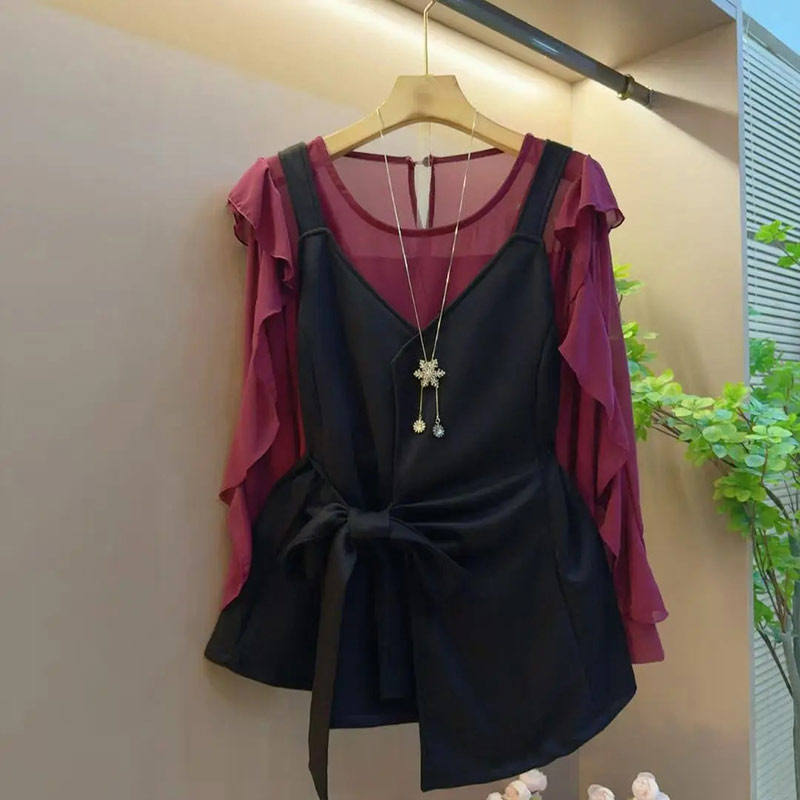 V领荷叶肩长袖假两件上衣