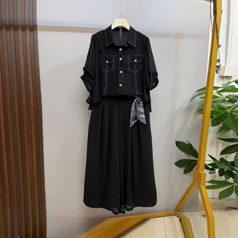 加大码女装翻领双兜上衣阔腿裤裙胖妹妹气质欧货显瘦设计感两件套