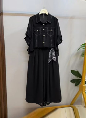 翻领双兜上衣（两件套）阔腿裤裙
