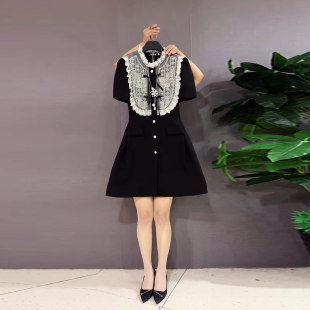 连衣裙胖妹妹气质通勤风显瘦裙子 立领拼色蕾丝边短袖 加肥大码 女装