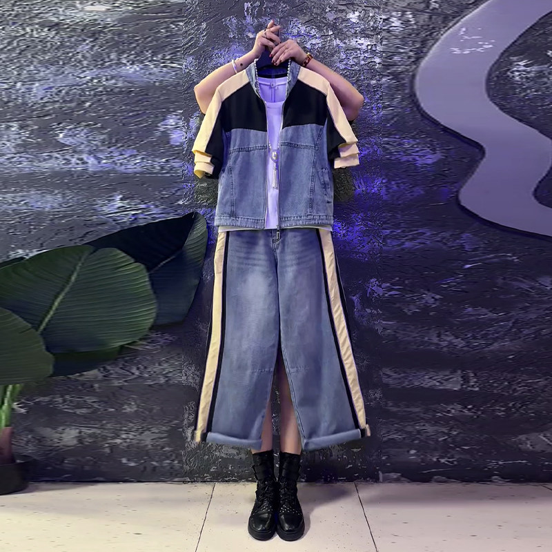 加大码女装拼色条长袖上衣牛仔长裤胖妹妹欧洲站春秋款休闲两件套