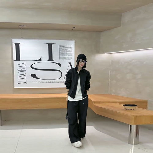 立领拉链长袖外套两件套阔腿长裤