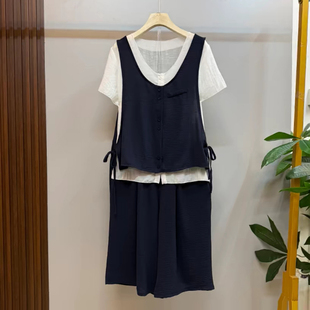 胖妹妹侧系带拼色马甲短袖上衣五分短裤夏季款大码女装简约三件套