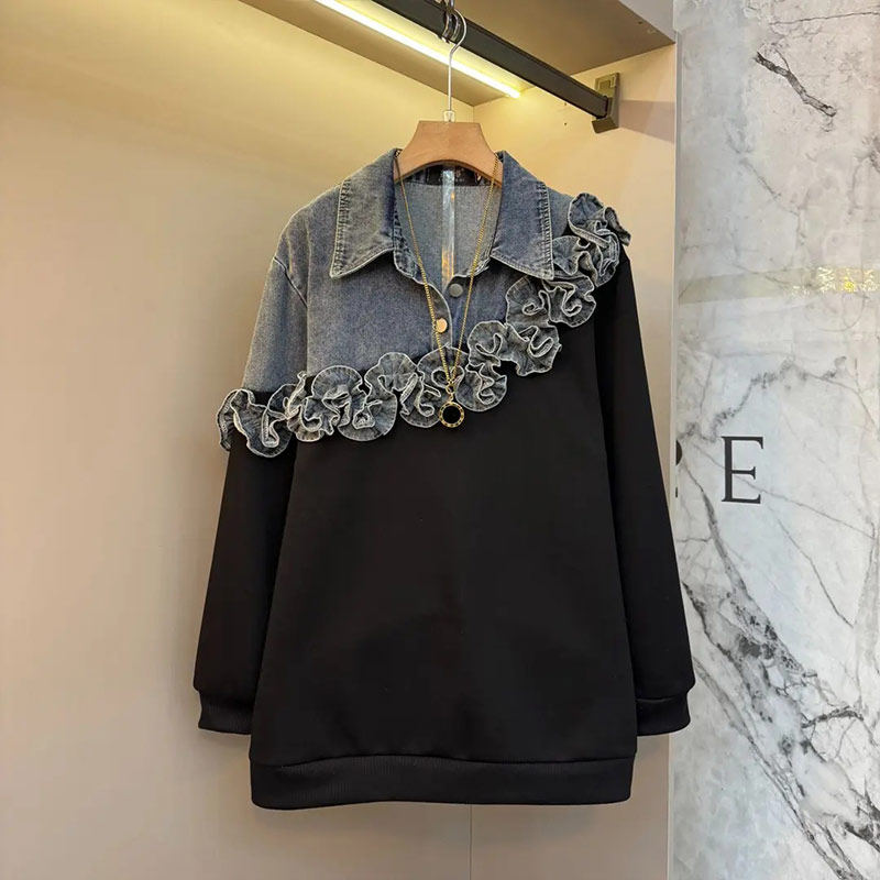 胖MM加肥拼牛仔翻领长袖卫衣大码女装2026新款百搭宽松遮肚子上衣,女装/女士精品,大码内搭,淘宝优惠券,粉丝福利购,淘宝优惠卷