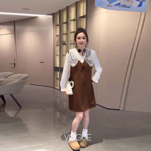 娃娃领长袖衬衫两件套V领马甲裙