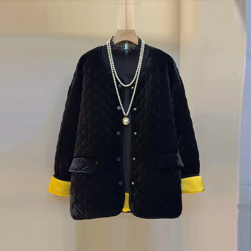 长袖纽扣菱形格夹棉外套