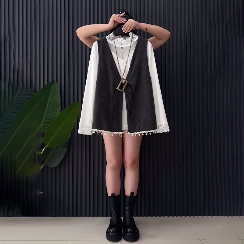 V领马甲两件套拼接立领长袖上衣