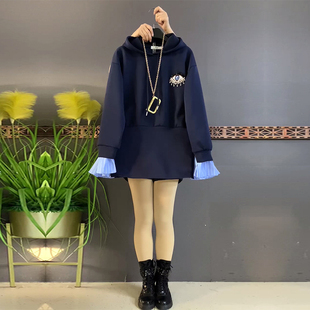 卫衣胖妹妹宽松遮肚子百搭显瘦韩版 大码 口连帽长袖 拼色袖 上衣 女装