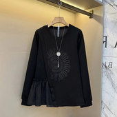 胖MM加肥拼接单侧百褶底摆长袖 轻熟风小衫 上衣宽松遮肚子大码 女装