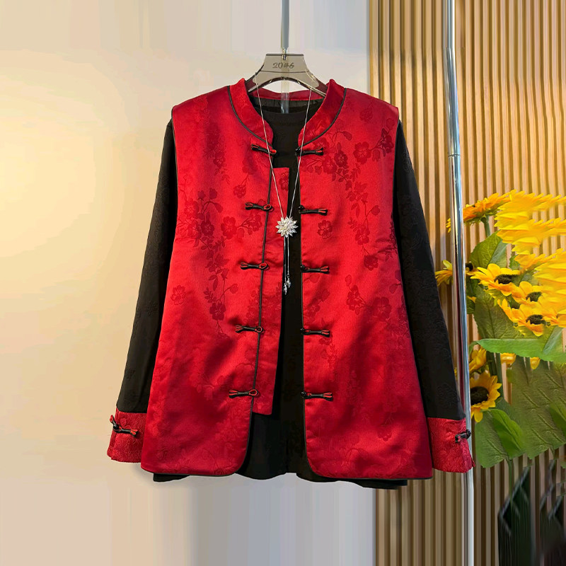 加大码女装立领盘扣暗花国风马甲两件套拼色袖口打底衫新中式套装,女装/女士精品,大码套装,淘宝优惠券,粉丝福利购,淘宝优惠卷