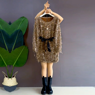 温柔圆领亮片流苏显瘦连衣裙加肥百搭裙子 女装 胖妹妹秋冬新款 大码