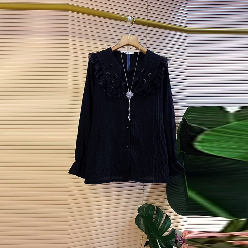 大码女装荷叶边钉珠领长袖上衣