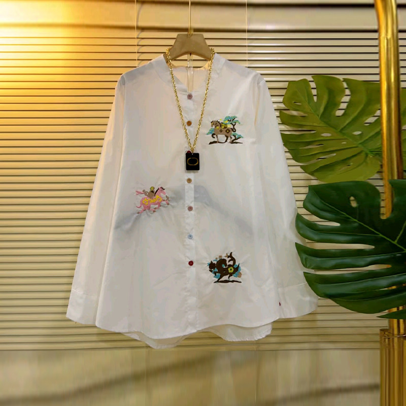 立领刺绣图案长袖衬衫