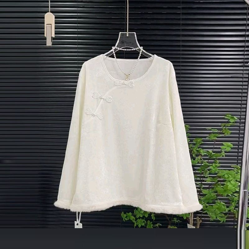 大码女装圆领盘扣暗花长袖小衫