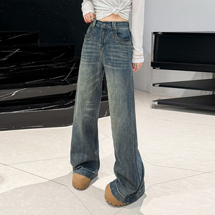 胖妹妹欧洲站宽松遮胯百搭减龄洋气休闲裤 阔腿牛仔长裤 子 女装 大码