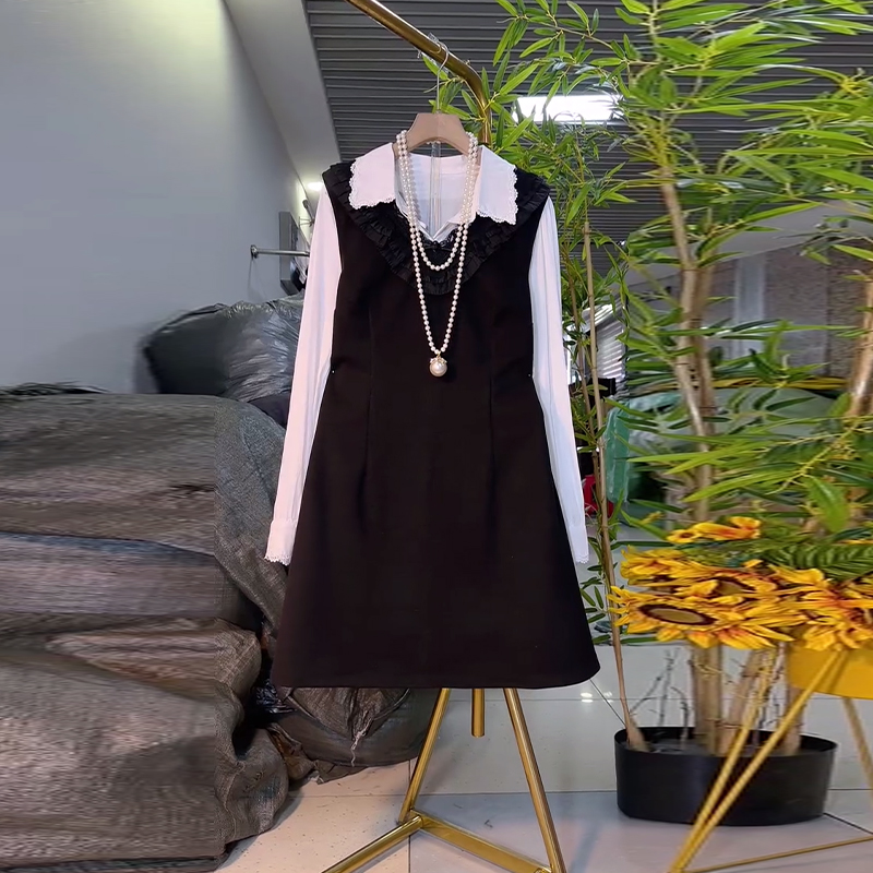 收腰马甲裙翻领蕾丝边长袖衬衫