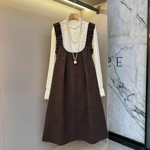 韩版 胖MM立领长袖 女装 大U领背带裙加肥大码 气质两件套 蕾丝打底衫