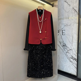 口小衫 立领盘扣马甲毛毛袖 胖妹妹宽松遮胯满天星半身裙 女装 加大码