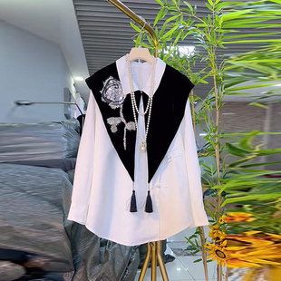 女装 设计感洋气大码 百搭上衣 法式 加肥重工亮片花流苏披肩翻领衬衫