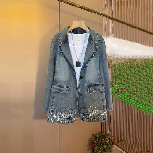 加肥翻领长袖开衫亮钻外套