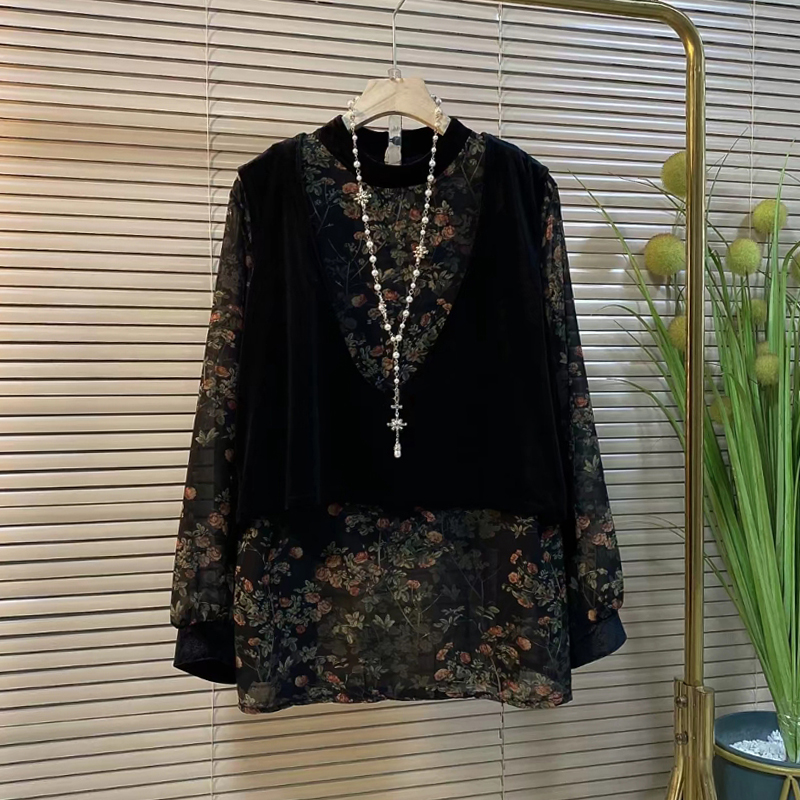 V领丝绒马甲(两件套)碎花衫