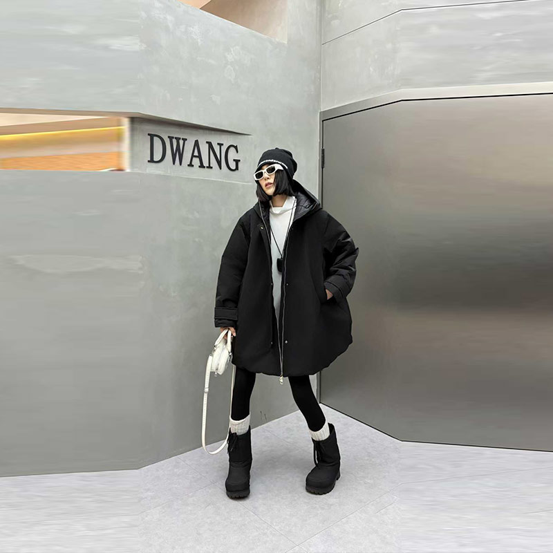 大码女装连帽中长款棉服大衣