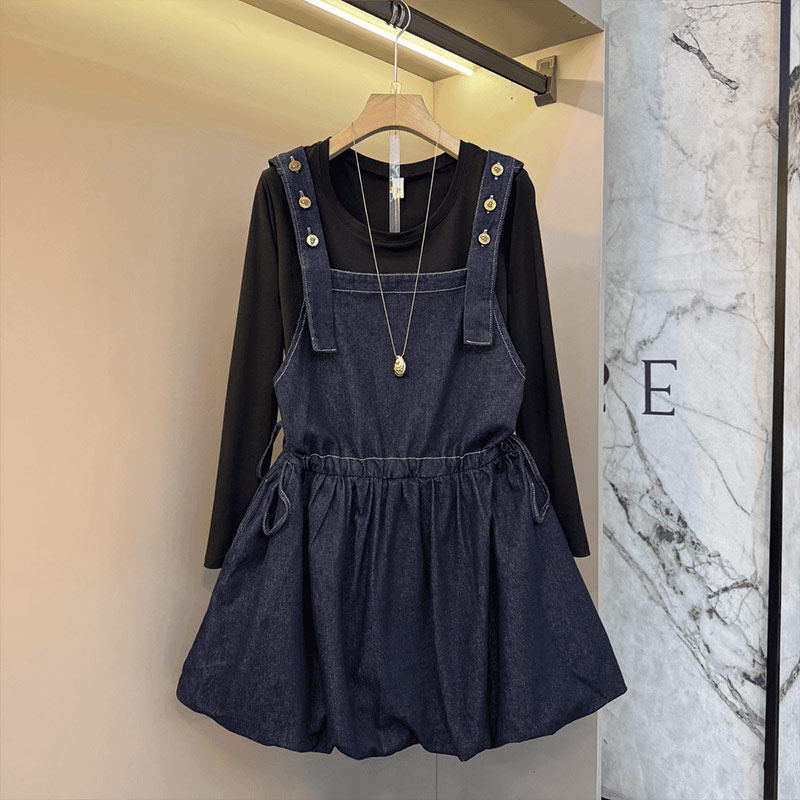 大码女装圆领长袖小衫胖妹妹欧洲站减龄学院风收腰抽绳背带牛仔裙,女装/女士精品,大码内搭,淘宝优惠券,粉丝福利购,淘宝优惠卷