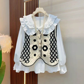 撞色针织马甲胖妹妹韩版 加肥娃娃领荷叶边长袖 衬衫 减龄休闲两件套