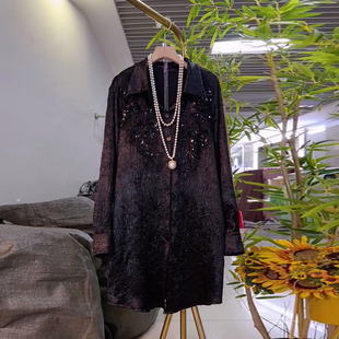 加肥女翻领长袖暗花衬衫裙胖妹妹气质轻熟风宽松遮肚子时尚连衣裙