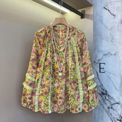 大码女装圆领荷叶条长袖小衫