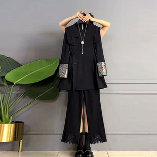 女装 脚盘扣黑色显瘦长裤 立领时尚 上衣拼接蕾丝裤 复古风长袖 加大码