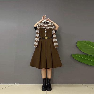 波浪纹长袖拼色吊带假两件连衣裙