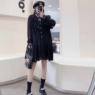 蕾丝连衣 小众设计名媛风淑女裙胖MM设计感荷叶边中长款 大码 女装