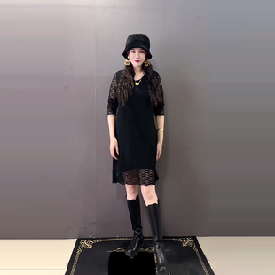 女装 加肥胖妹妹圆领长袖 大码 时尚 洋气显瘦裙子潮 蕾丝连衣裙中长款