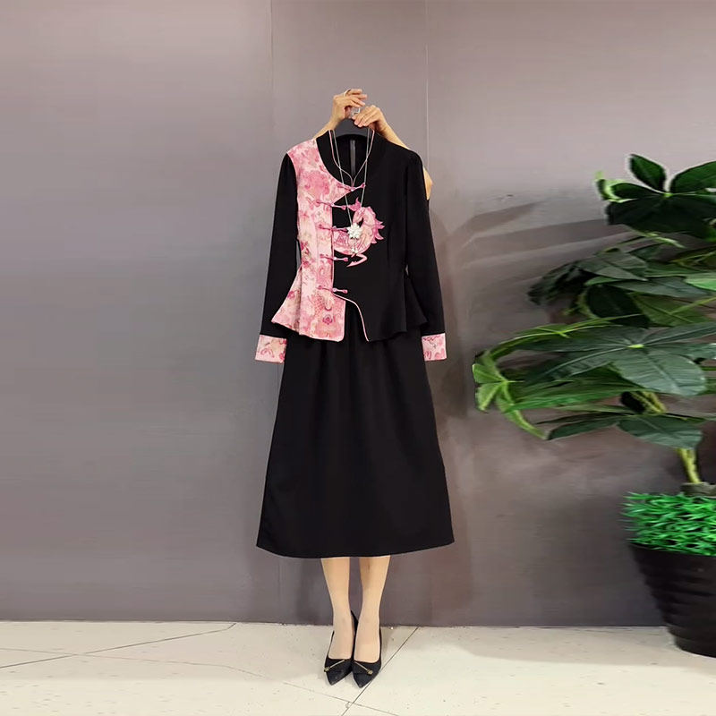 胖妹妹加肥立领拼色AB版长袖上衣半身裙大码女装气质复古风两件套,女装/女士精品,大码套装,淘宝优惠券,粉丝福利购,淘宝优惠卷