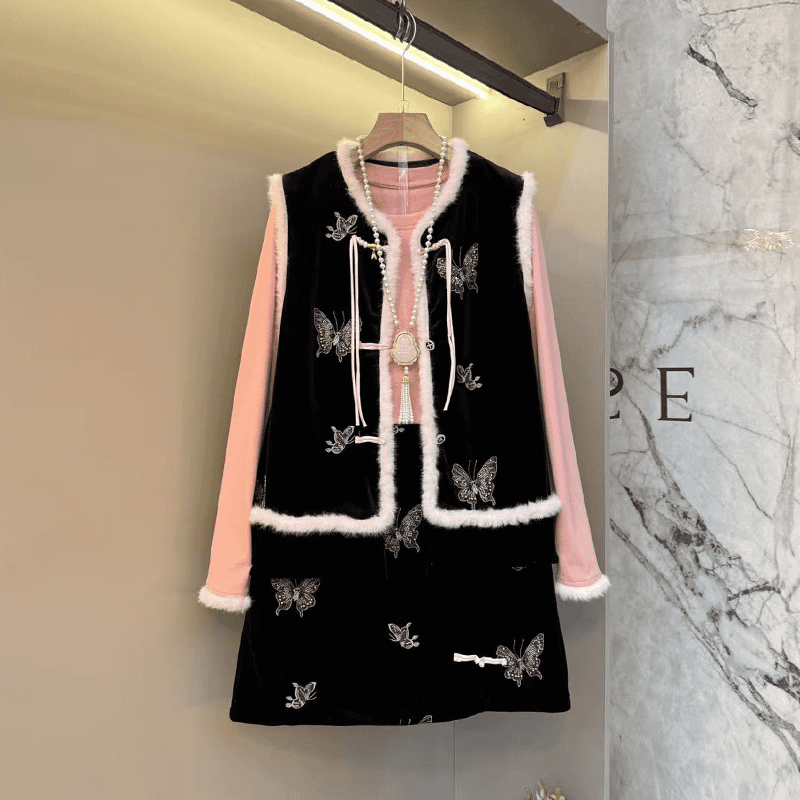 毛边马甲打底小衫（三件套）短裙