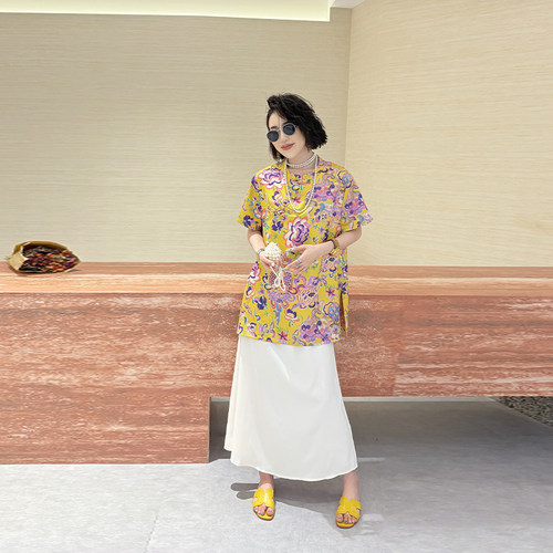 大码女装立领盘扣短袖国风上衣